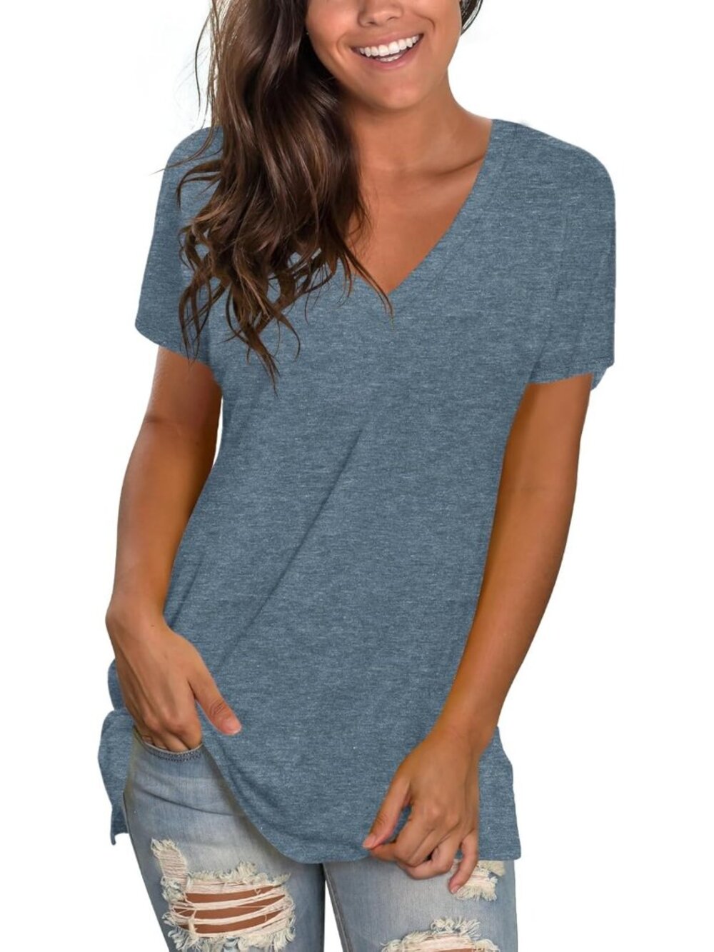 〽️Women Blue Basic V Neck Tee Loose Fitting Casual Short Sleeve Tops T Shirt